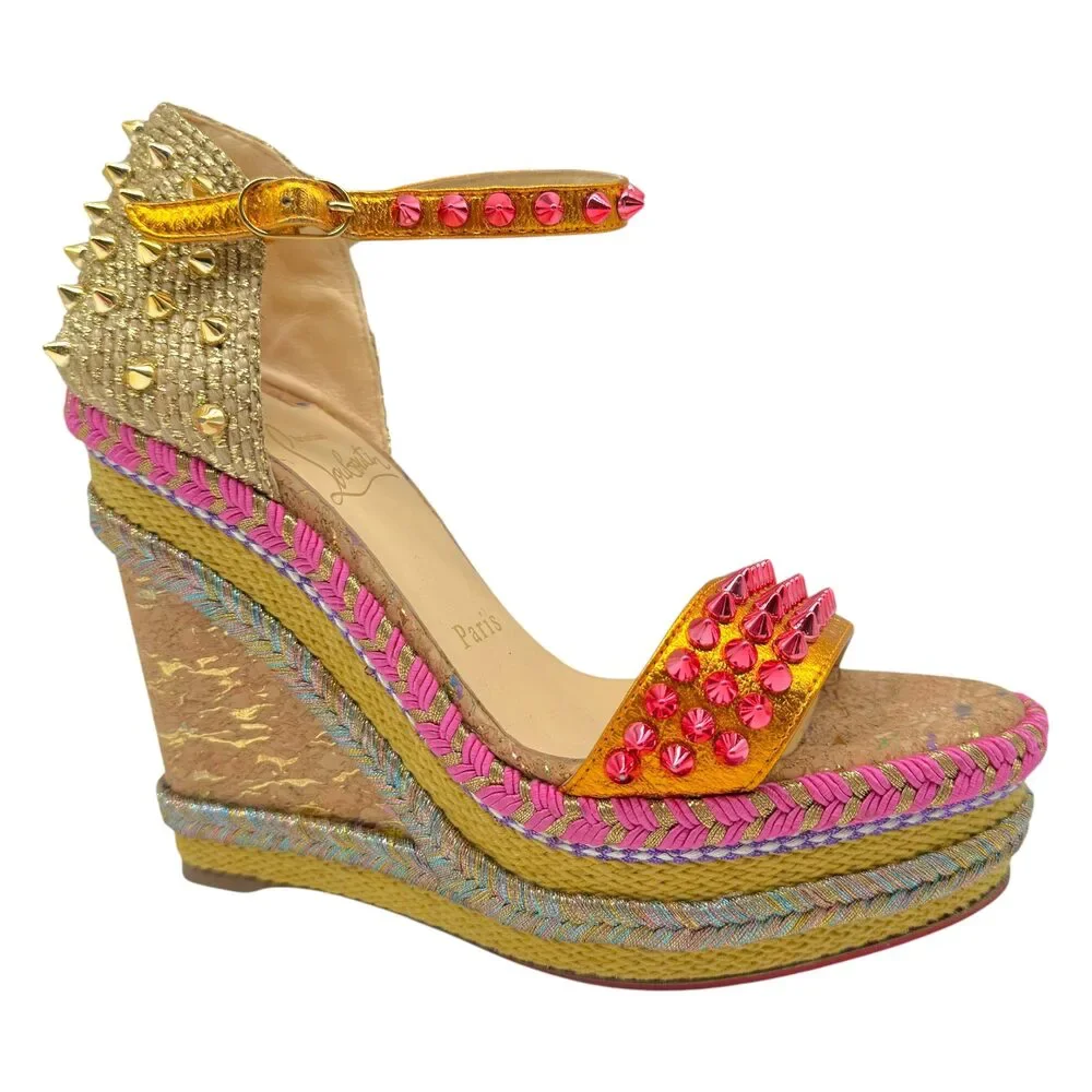 Christian Louboutin Metallic Pink & Gold Spike Embellished Cork Wedge Sandals